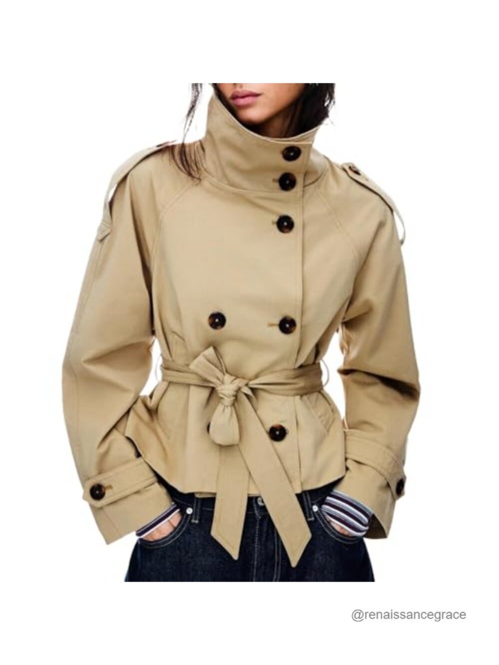 Cropped Trench Coat Double Breasted Belted Funnel Neck Women's
